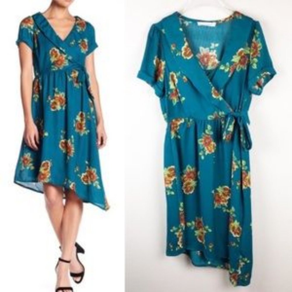 Superfoxx Teal Floral‎ Asymmetrical Wrap Dress Size Medium